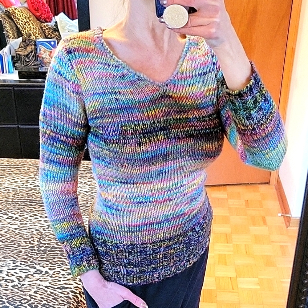 Colorful Rainbow Multicolor Knit Sweater, Gold Metallic Threads, M
